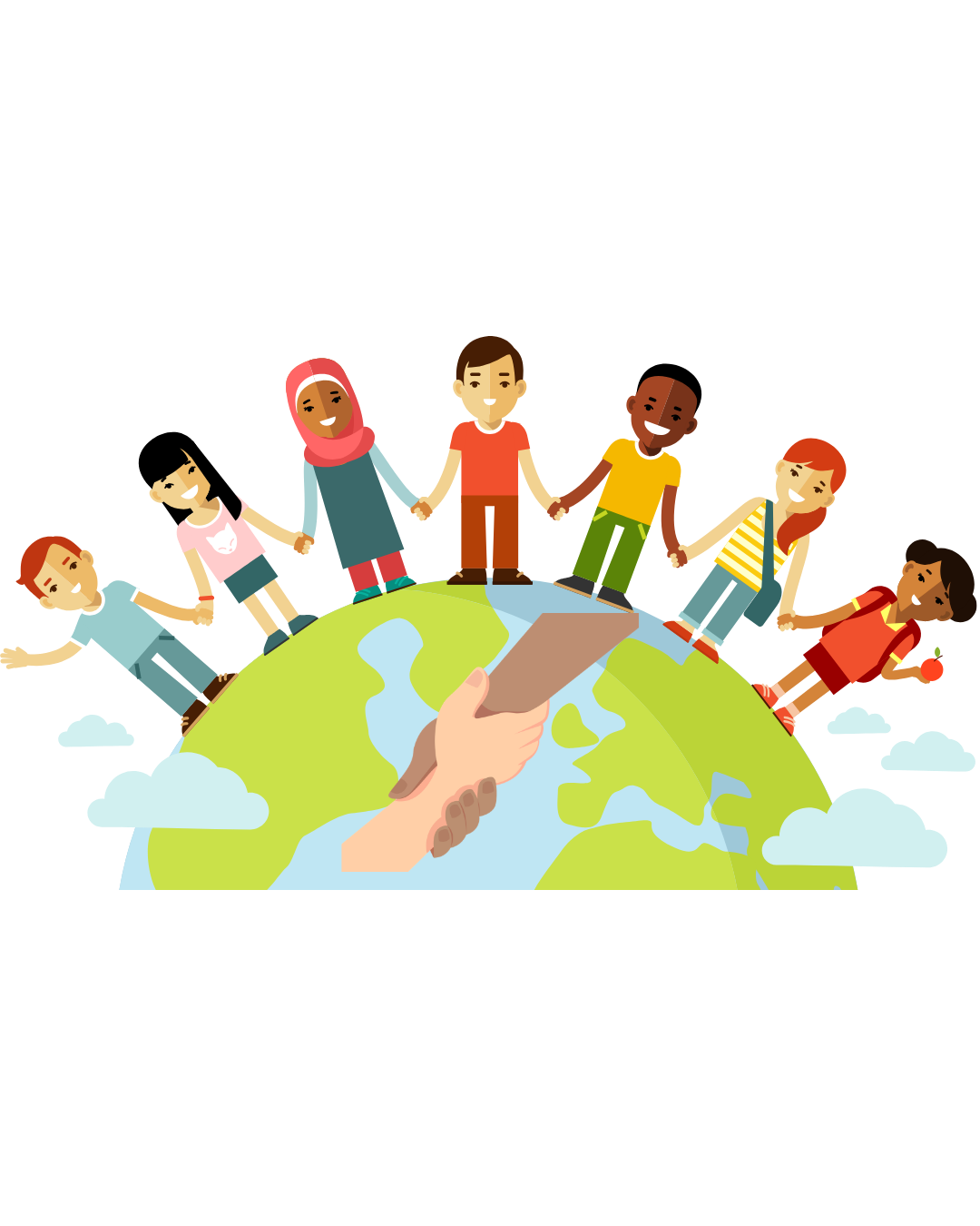 Zeichnung von einer diversen Gruppe von Kindern unterschiedlicher Hautfarben, die sich einmal um die Welt an den Händen halten, mit zwei großen Händen in der Mitte