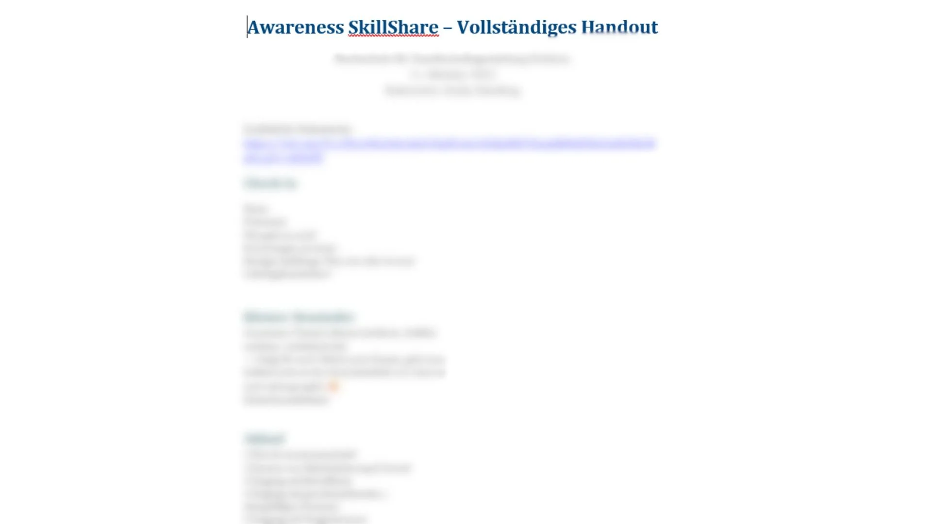 Deckblatt eines Dokuments mit dem Titel "Awareness SkillShare - Vollständiges Handout" in Deutsch, wobei der Rest des Textes unscharf ist.