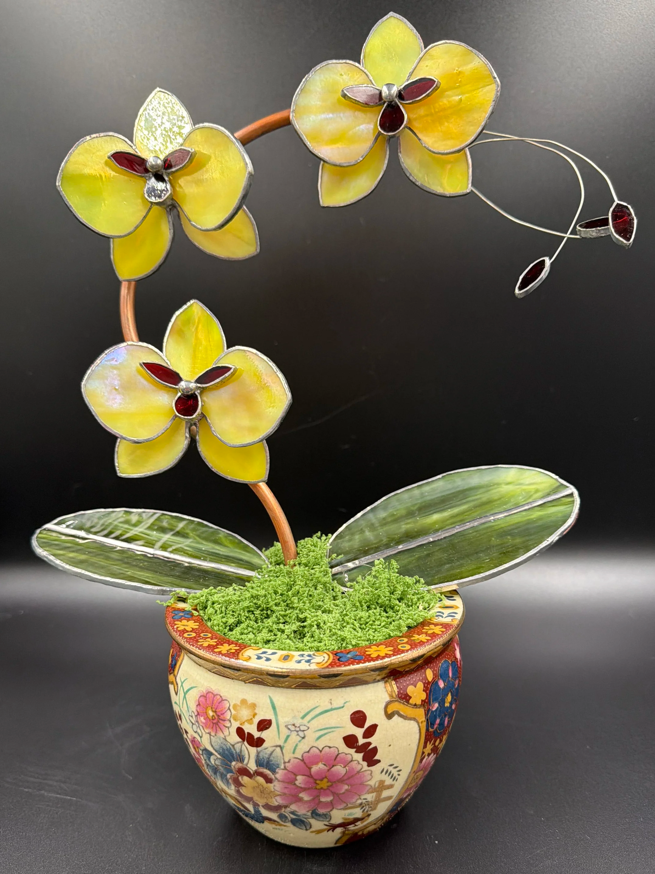 Three Blossom Iridized Yellow in Chinoiserie  pot