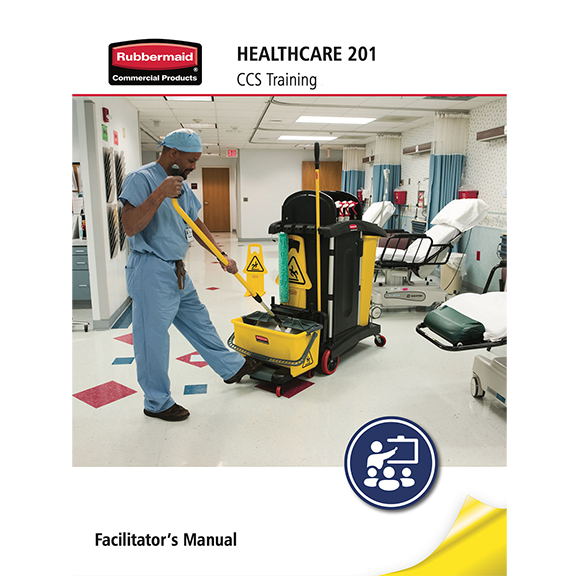 Hospital janitor cleaning the floor in a hospital room with cleaning cart and equipment.