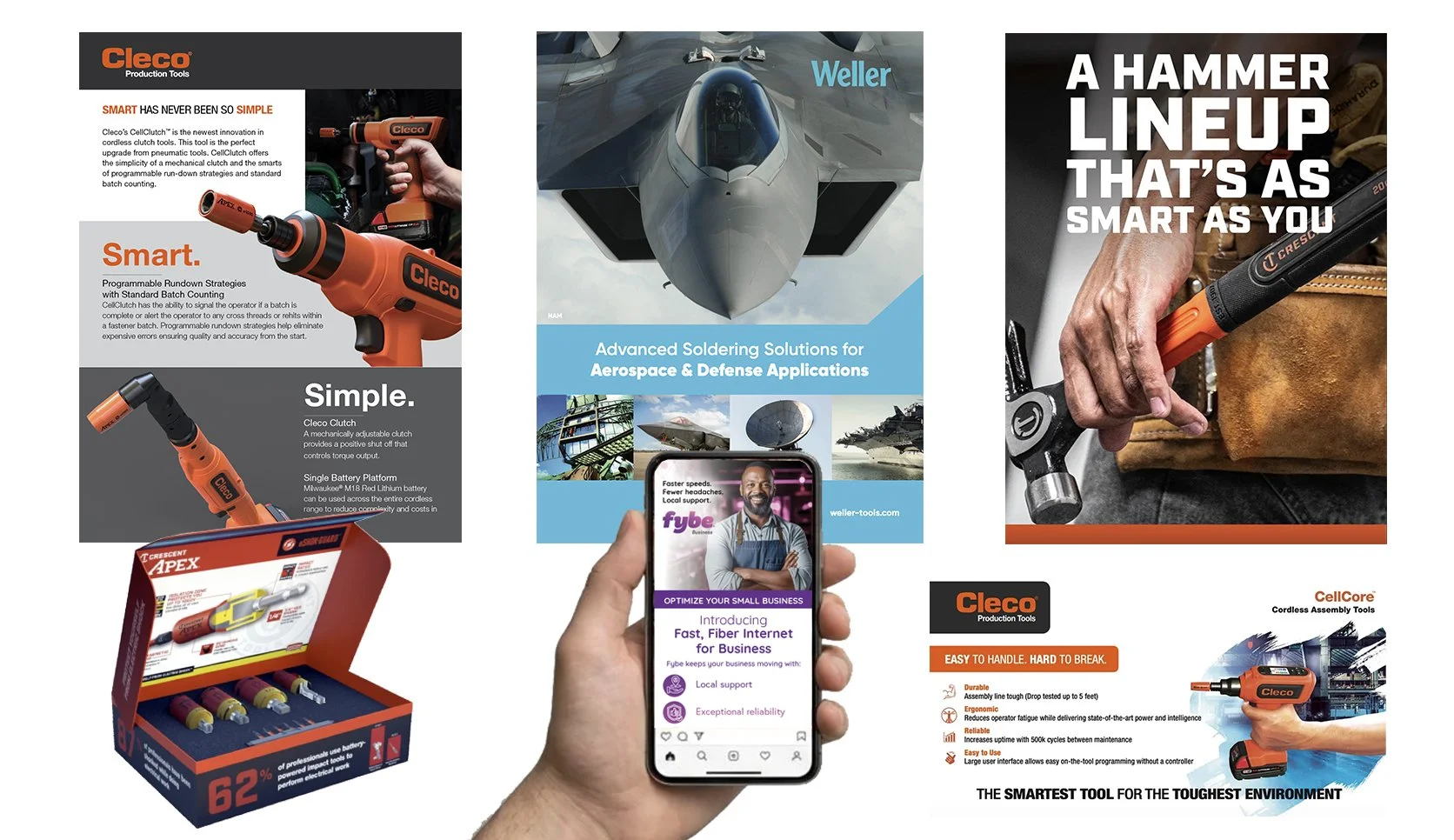 Compilation of aviation, tool, and technology advertisements. One ad features cordless tools from Cleco, another showcases advanced soldering solutions for aerospace and defense, and another promotes a hammer lineup. There's an image of a fighter jet, a person holding a cordless drill, and a hand gripping a hammer. A mobile device screen pointing out fiber internet services for business.