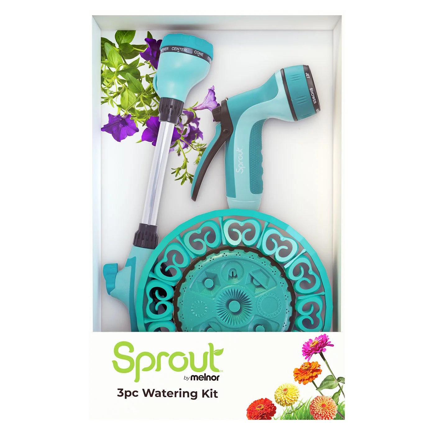 A watering kit with three components including a spray gun, a nozzle attachment, and a decorative water timer, displayed on the product packaging. The packaging features a white background with purple flowers and multicolored flowers at the bottom.