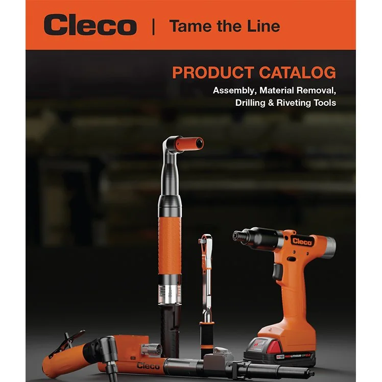 Cleco product catalog cover showcasing assembly, material removal, drilling, and riveting tools in orange and black.