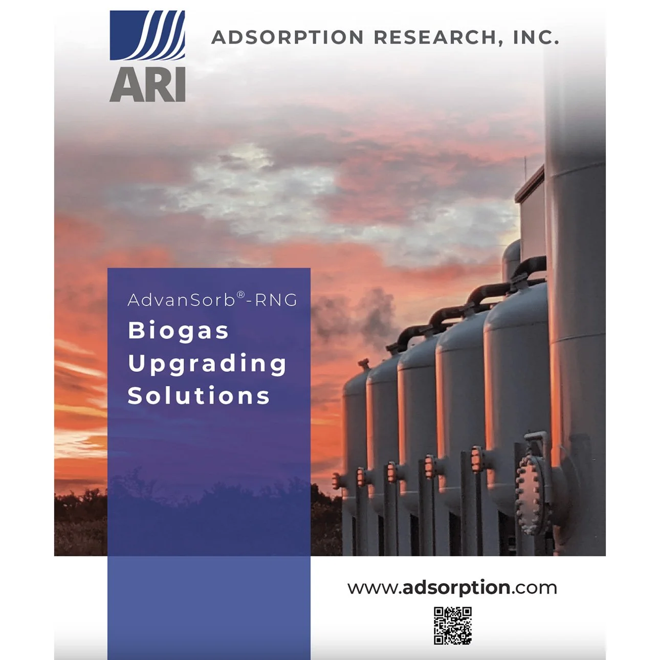 Cover of a brochure featuring large industrial biogas upgrader tanks at sunset, with text promoting adsorption research and solutions by ARI, including a website and QR code.