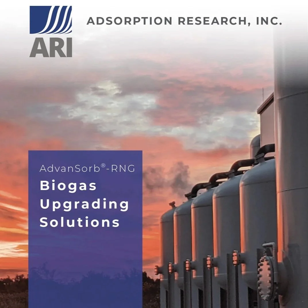 Cover of a brochure featuring large industrial biogas upgrader tanks at sunset, with text promoting adsorption research and solutions by ARI, including a website and QR code.