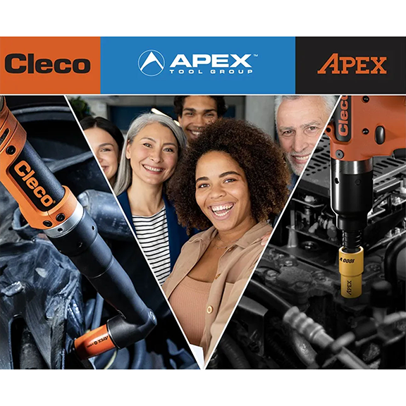 Group of diverse smiling people with a robotic tool and industrial machinery from Cleco, Apex Tool Group, and Apex brands.