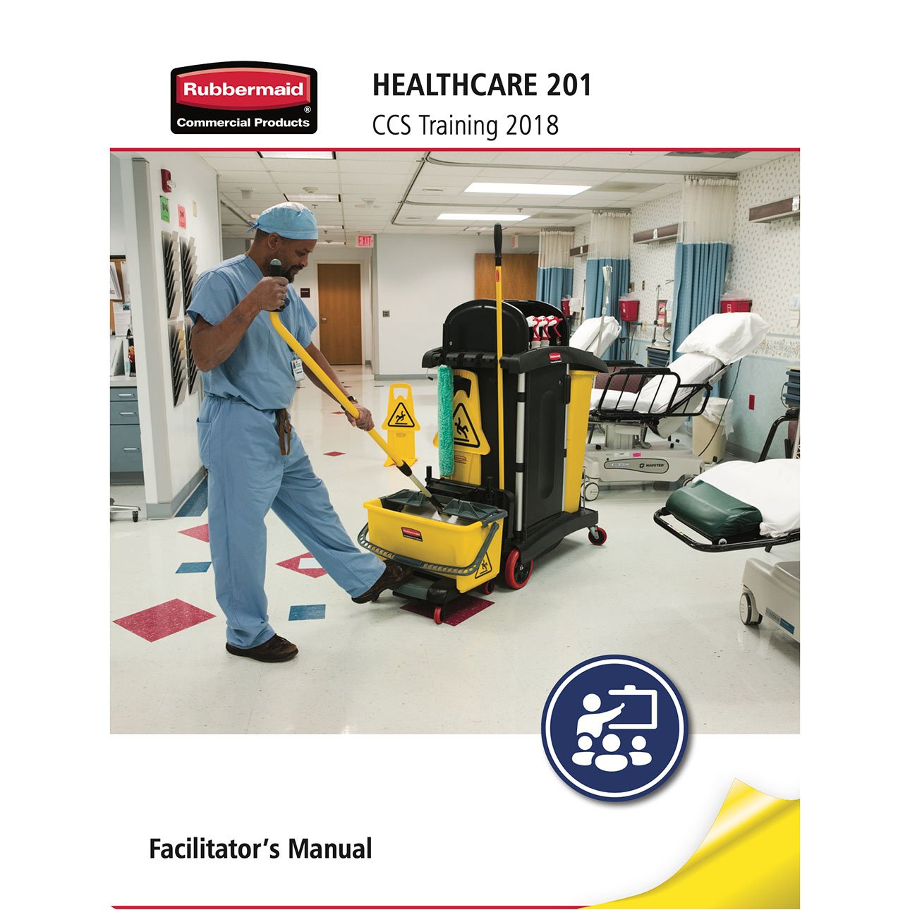 Hospital janitor cleaning the floor in a hospital room with cleaning cart and equipment.