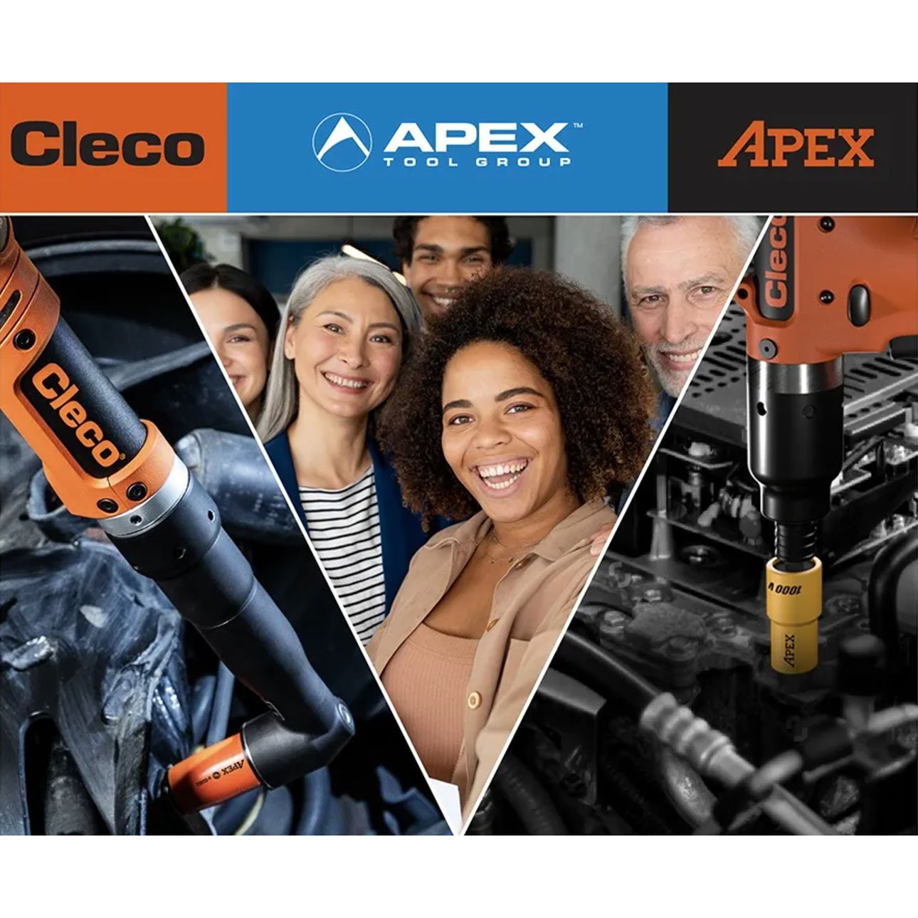 Group of diverse smiling people with a robotic tool and industrial machinery from Cleco, Apex Tool Group, and Apex brands.