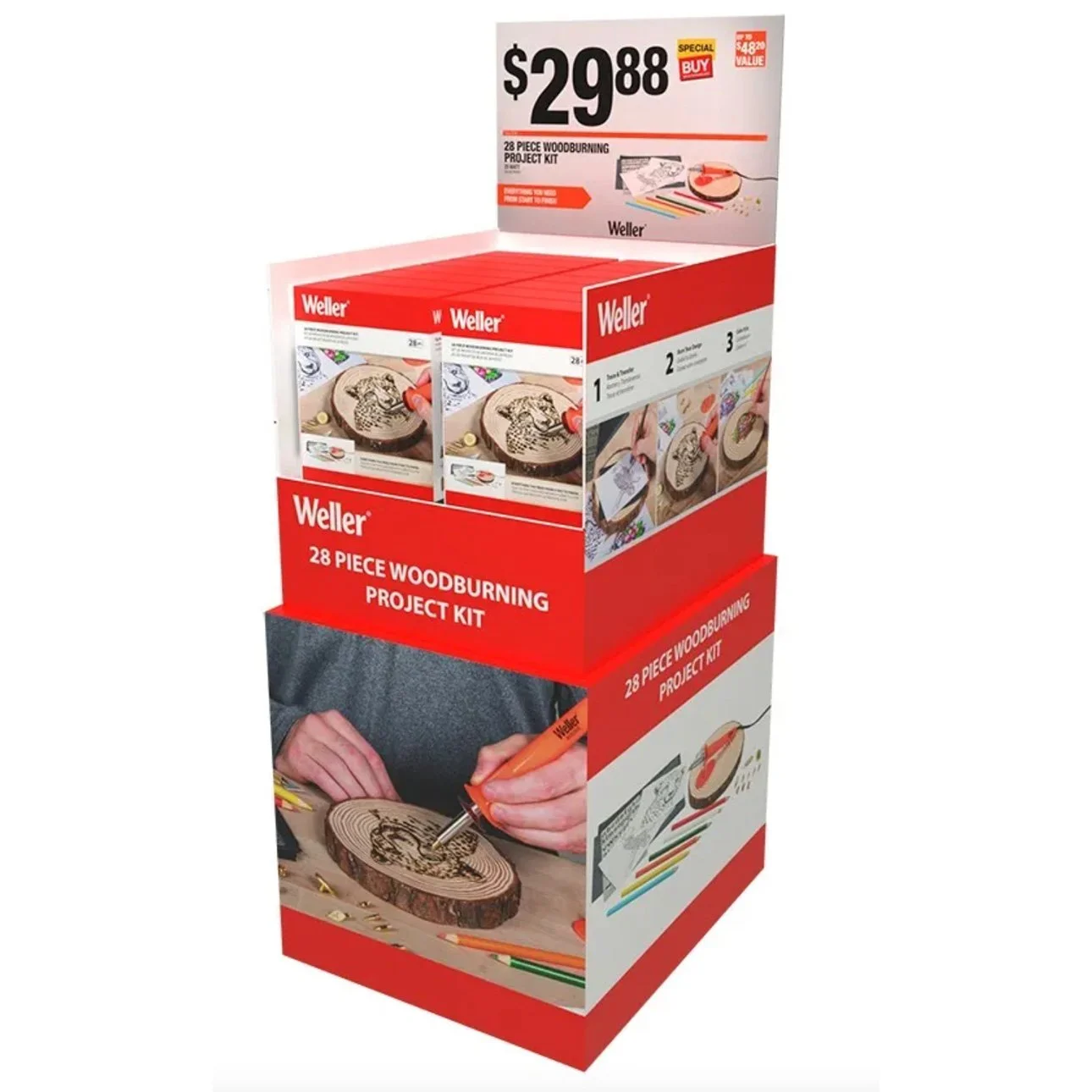 Box of Weller 28-piece woodburning project kit with images showing a person using a woodburning tool on a wood slice to create a design, and colored pencils displayed on the side.