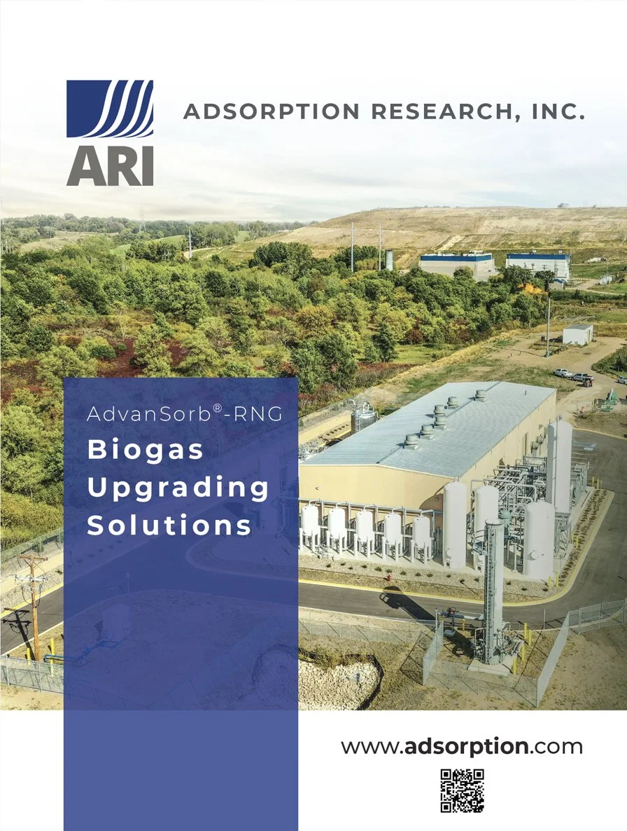 Brochure cover for Adsorption Research Inc., featuring an aerial view of biogas upgrading equipment amid green hills, with the text 'AdvanSorb-RNG Biogas Upgrading Solutions' and the website www.adsorption.com.