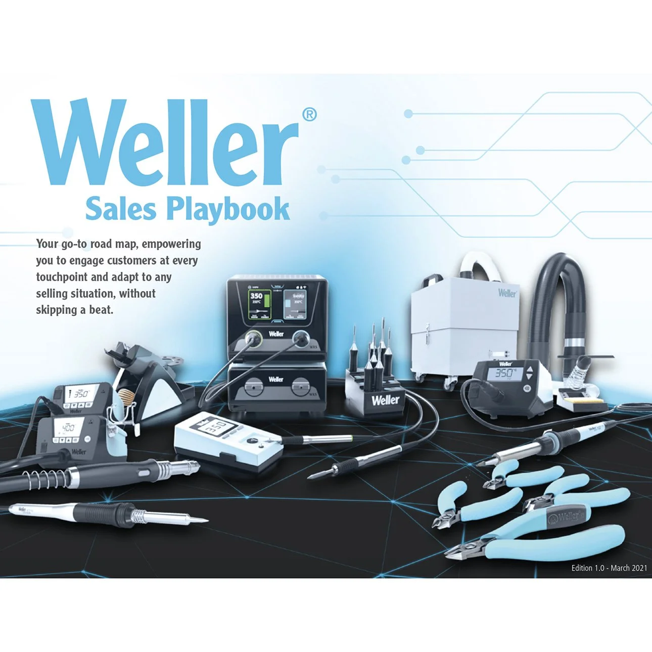 Cover of Weller Sales Playbook featuring various electronic and soldering tools in a modern design.
