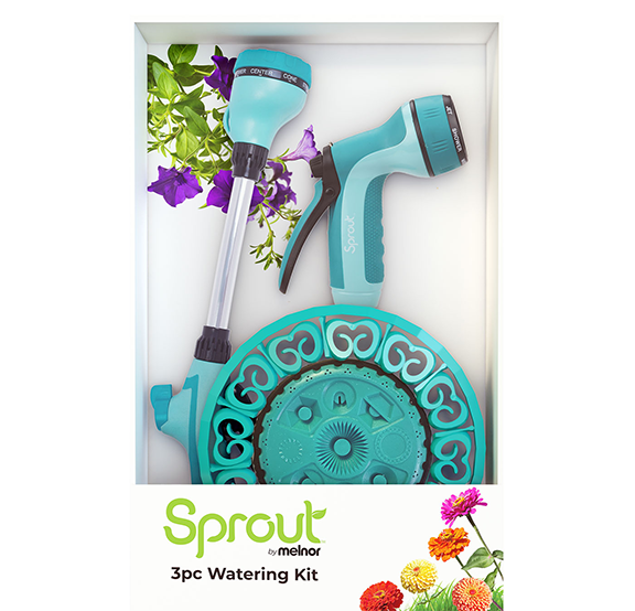 A watering kit with three components including a spray gun, a nozzle attachment, and a decorative water timer, displayed on the product packaging. The packaging features a white background with purple flowers and multicolored flowers at the bottom.