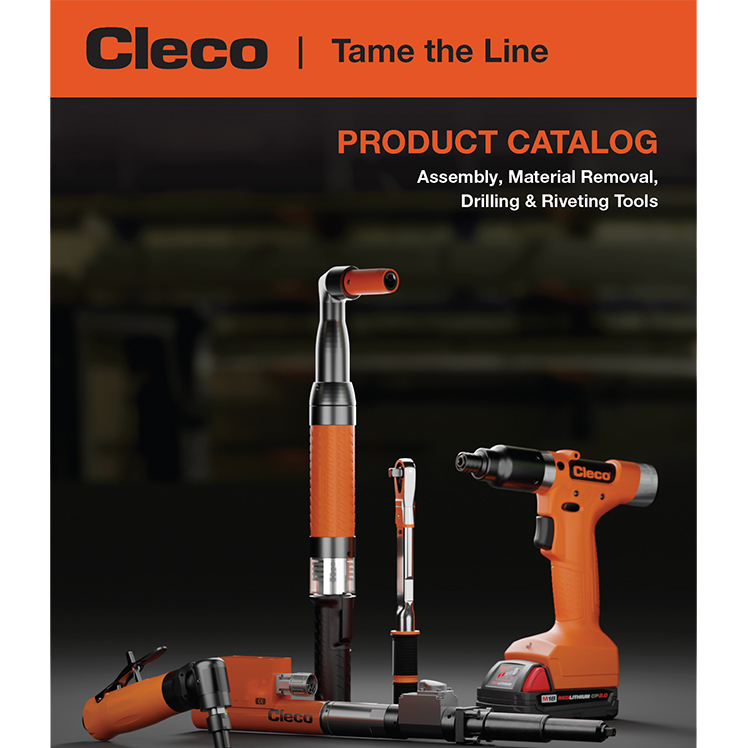 Cleco product catalog cover showcasing assembly, material removal, drilling, and riveting tools in orange and black.