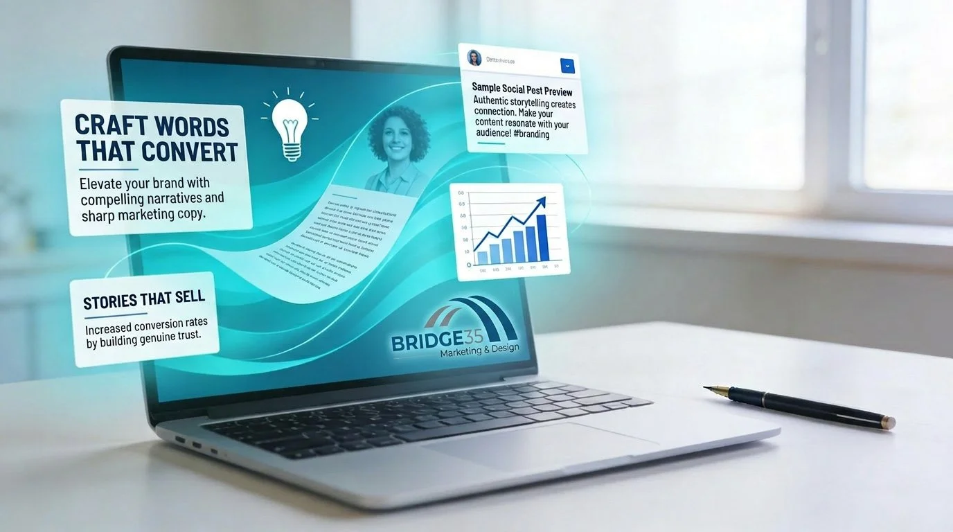 Laptop displaying marketing content with overlayed social media messages and graphs, with a pen on the desk.