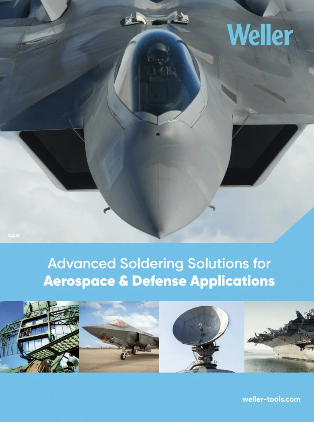 Cover of a brochure for Weller advanced soldering solutions featuring a fighter jet, satellite dish, and military ships.