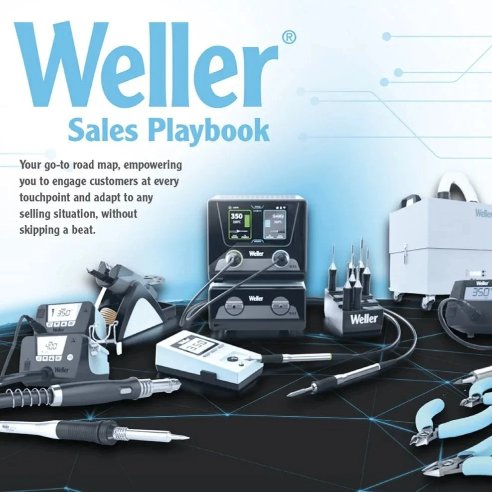 Cover of Weller Sales Playbook featuring various electronic and soldering tools in a modern design.