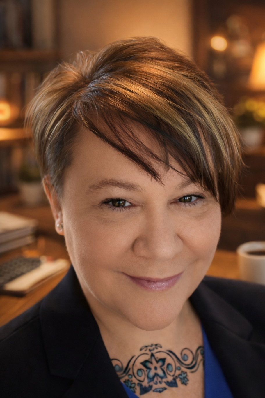 Close-up of a woman with short, multicolored hair smiling indoors with a blurred background.
