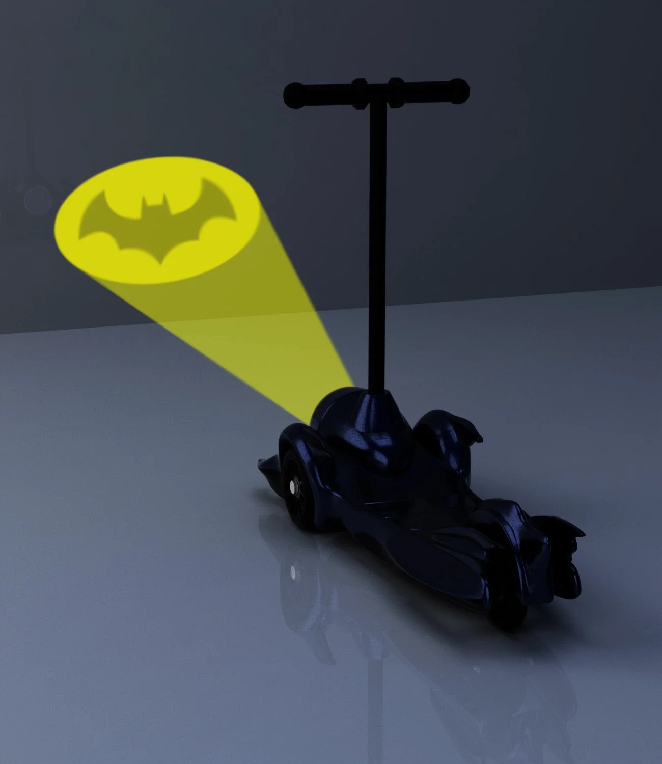 A black toy race car with a Batman emblem spotlight projecting from its back.
