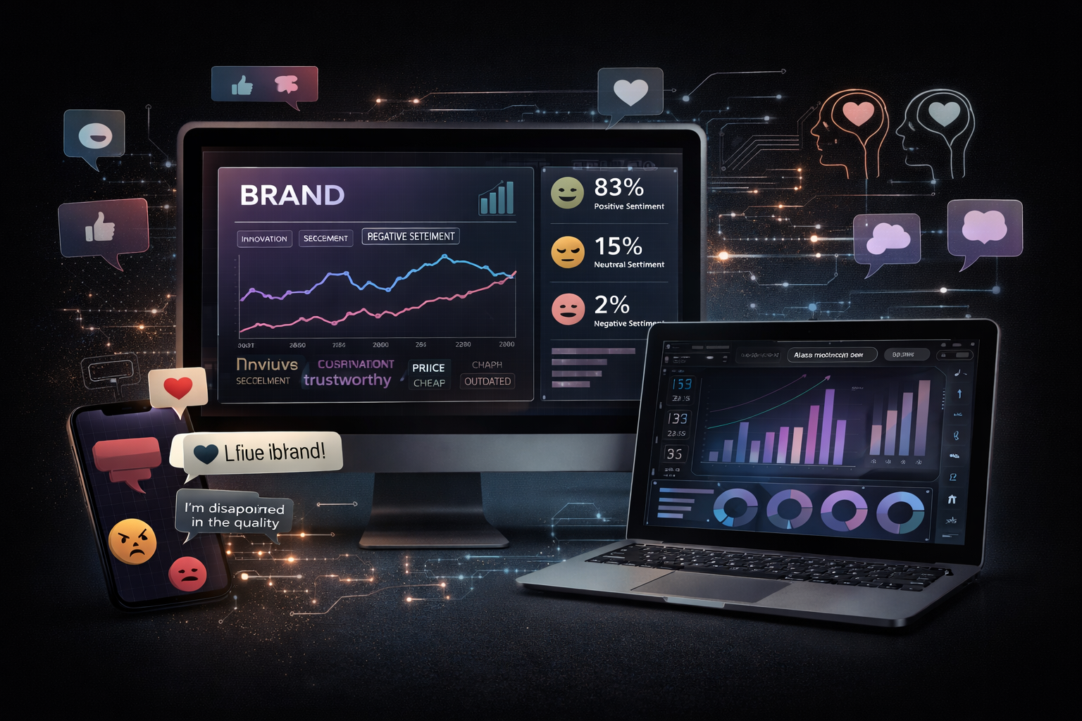 Digital analytics dashboard with social media reactions, sentiment analysis, and data charts displayed on a monitor, tablet, and smartphone.