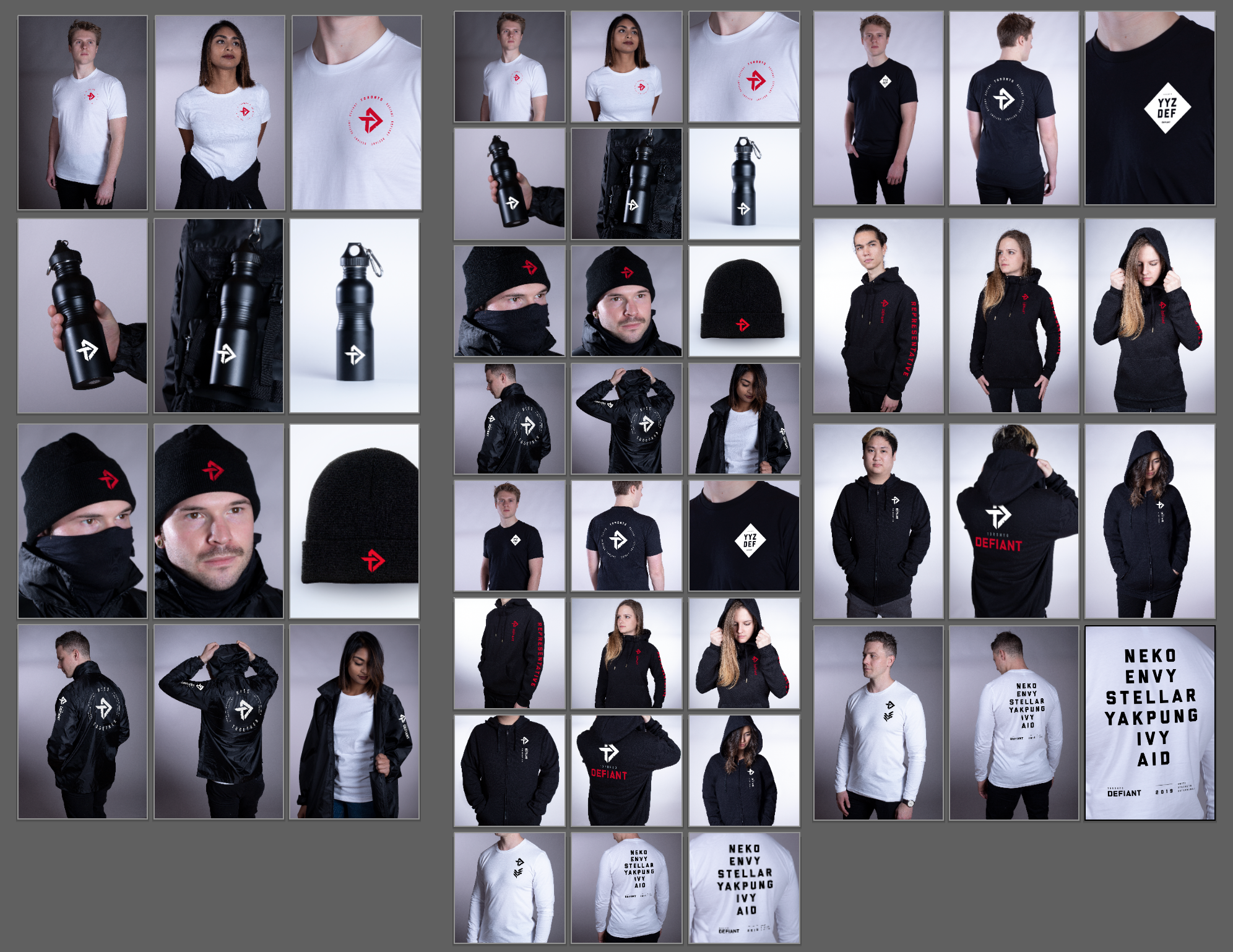 Collection of apparel, accessories, and merchandise including t-shirts, hoodies, jackets, beanies, water bottles, and face coverings, all featuring a red and white logo or text, modeled by various individuals.