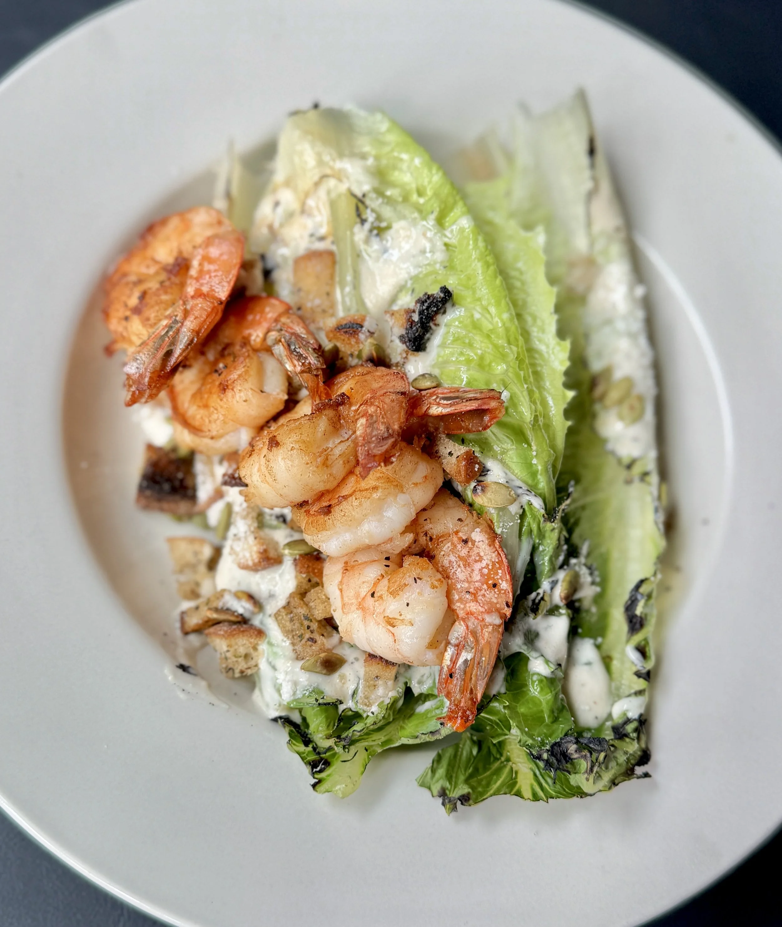 Grilled Caesar salad with Prawns
