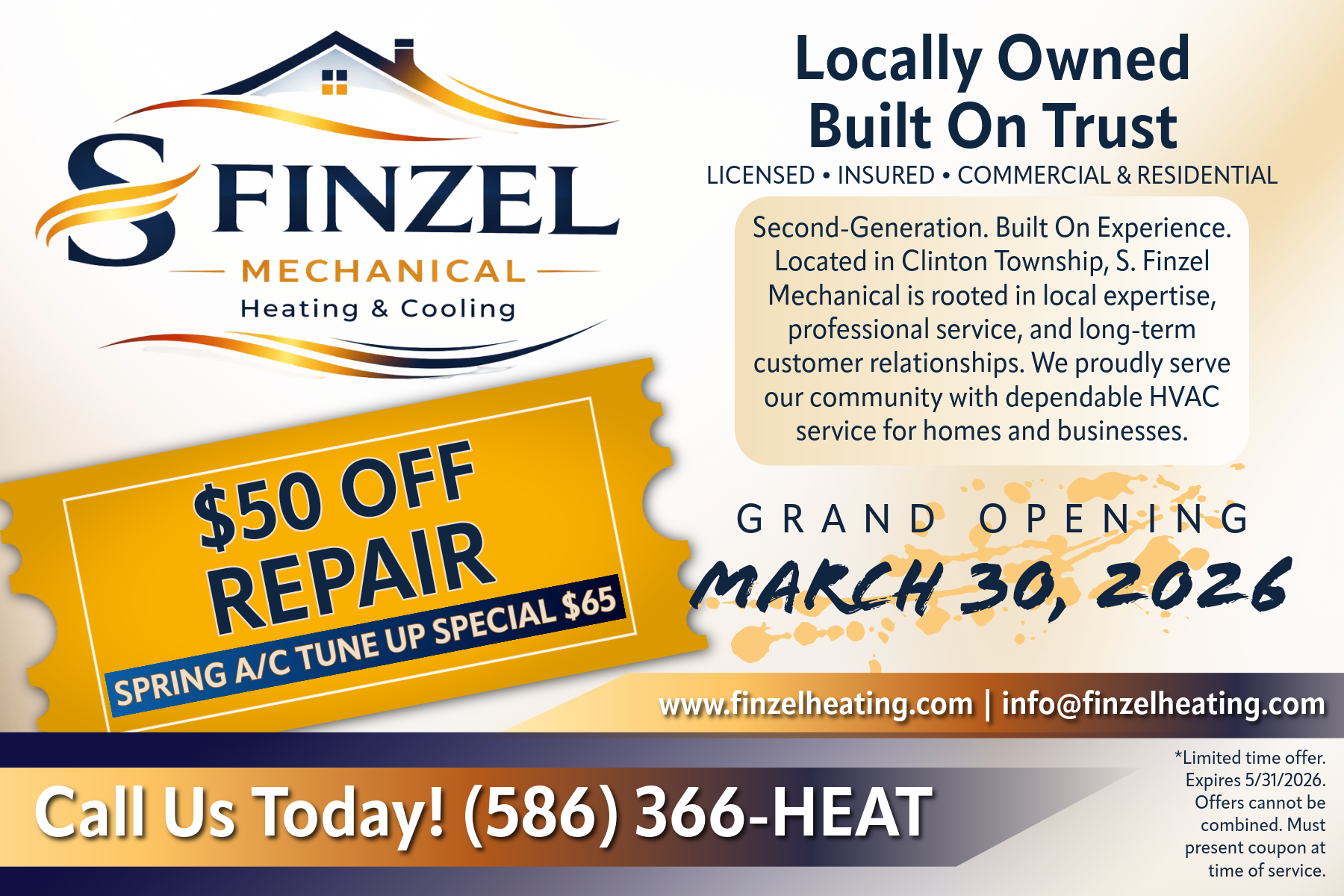 Flyer for Finzel Mechanical Heating and Cooling with a logo of a house and swoosh design. Highlights a $50 off repair coupon, grand opening on March 30, 2026, offering licensed, insured, and local HVAC services. Contains contact information and terms of offer.