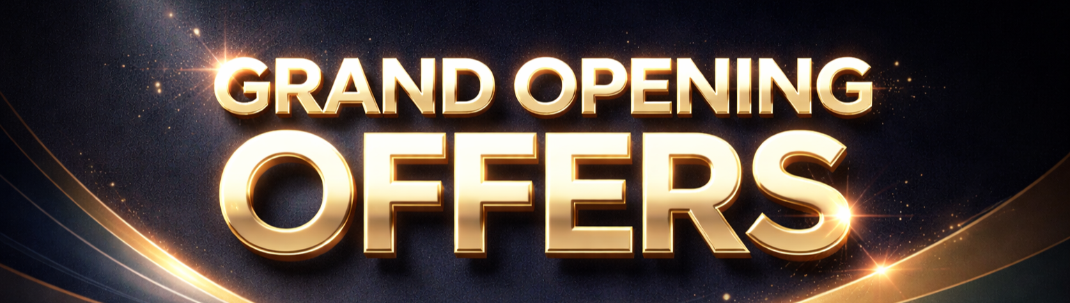 Golden text stating 'Grand Opening Offers' with a dark background and golden sparkling accents.
