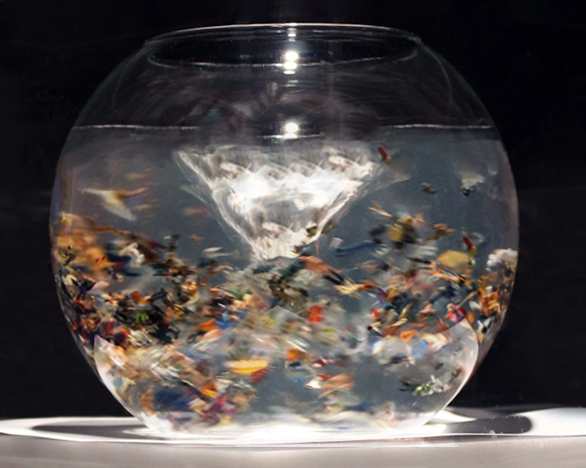 Fishbowl, hand painted HO scale miniatures, plexiglass base, magnetic stirrer, water, and lights. size variable.