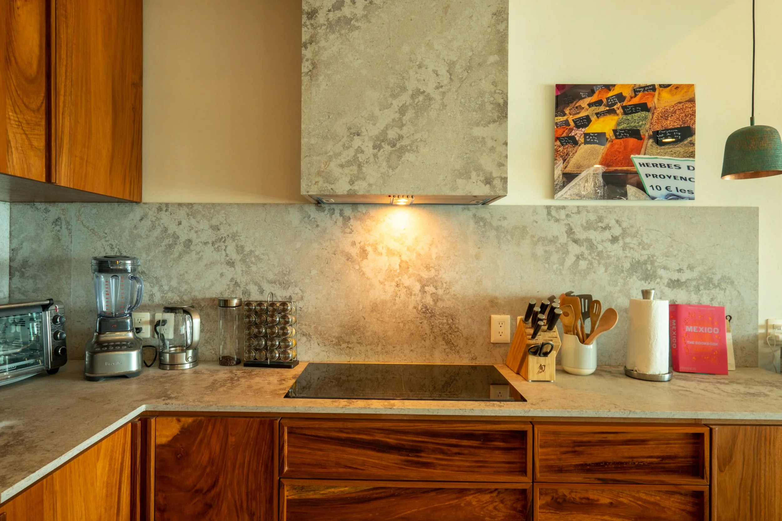 Kitchen countertop with appliances, utensils, and a framed photo of spices and herbs.