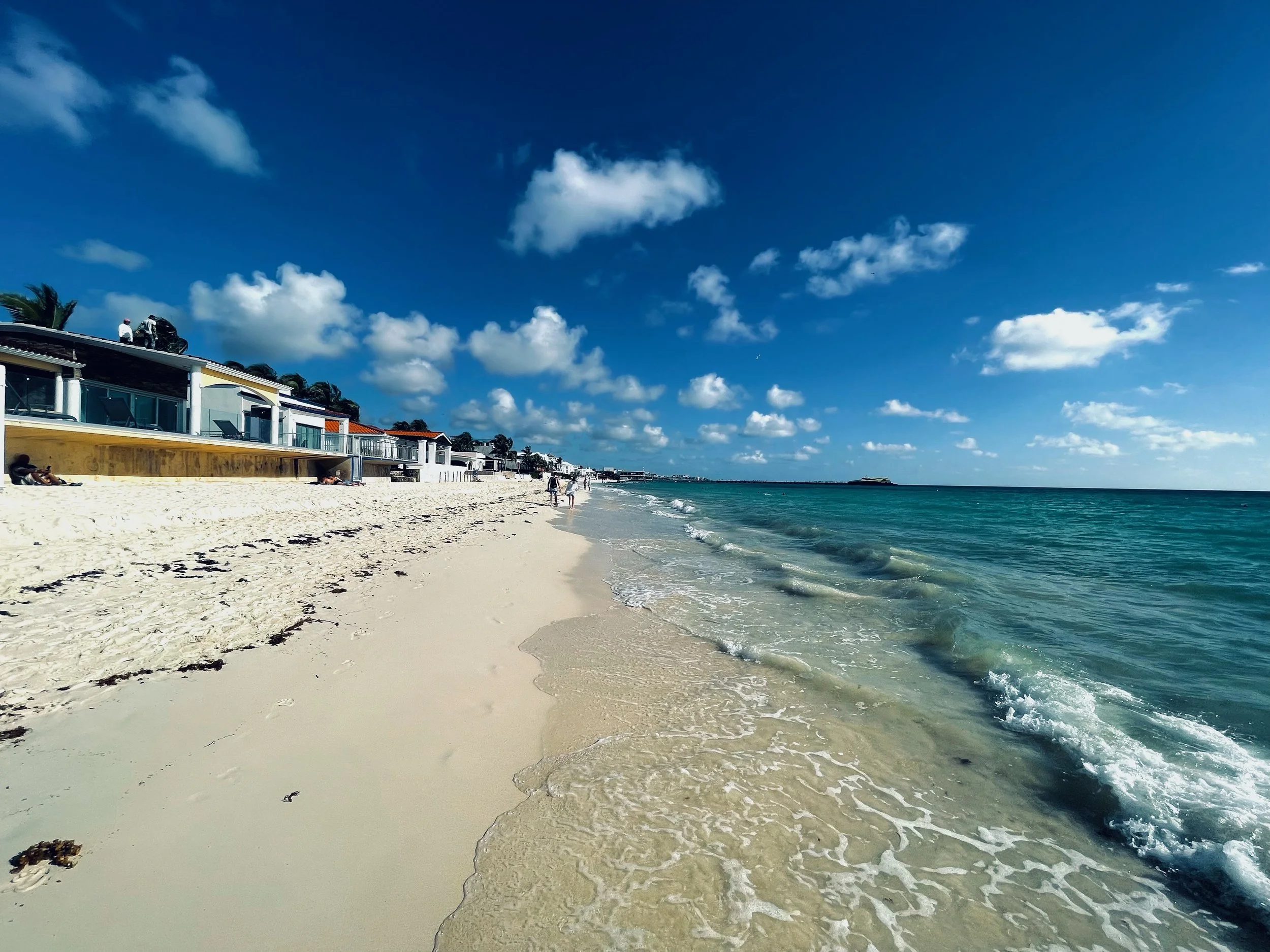 Sunny beach with white sand, blue ocean, and modern beachfront houses under a partly cloudy sky.