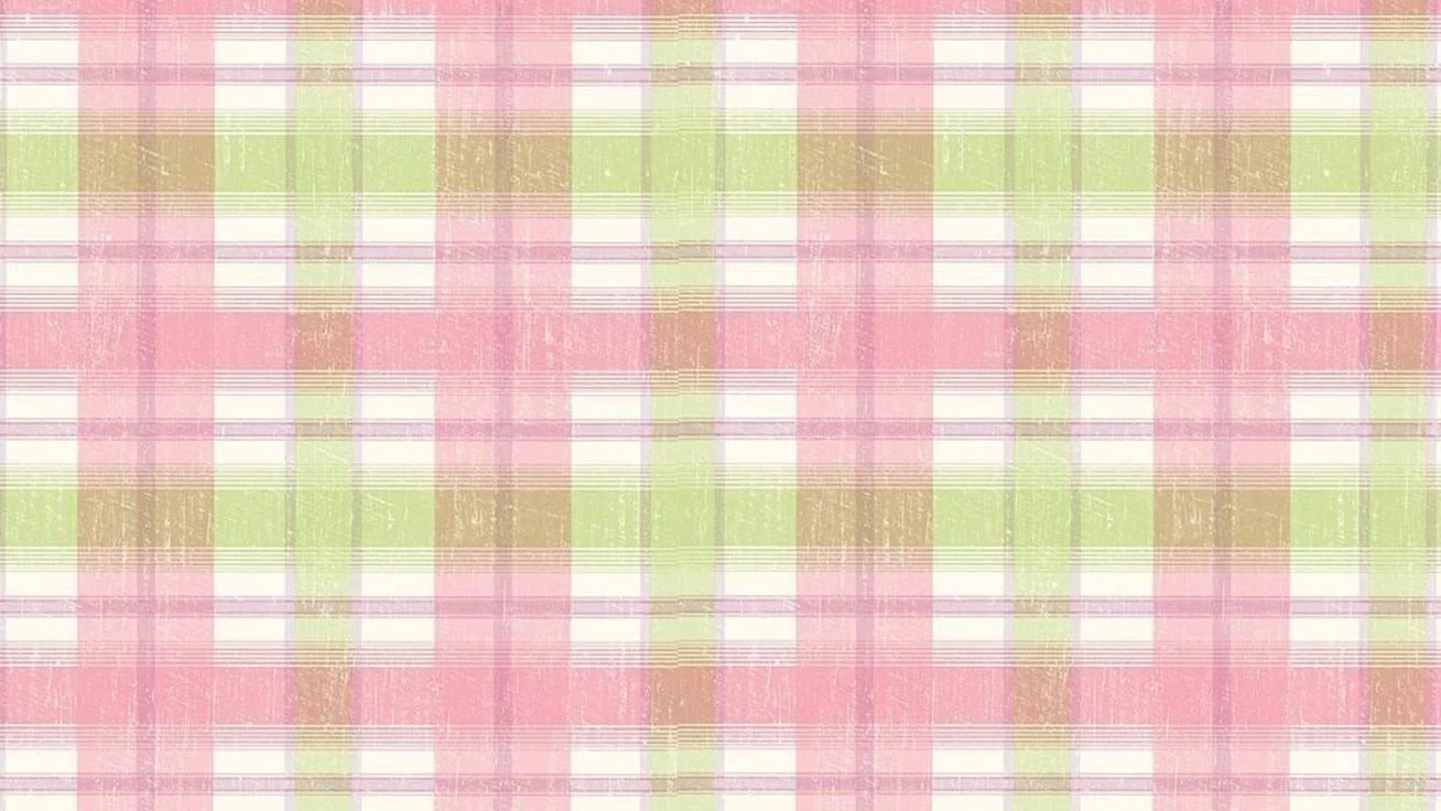 A fabric with a pink, green, beige, and white plaid pattern.