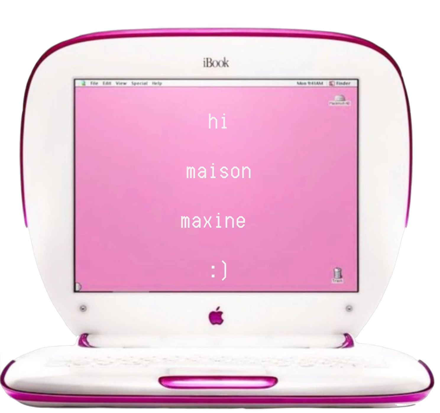 Pink and white vintage iMac computer with a pink screen displaying the words 'hi maison maxine :)' in white text.