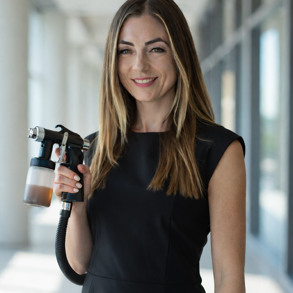 Lauren Dickinson holding spray tan equipment at her private Scottsdale AZ spray tan studio Bronzed Angels.