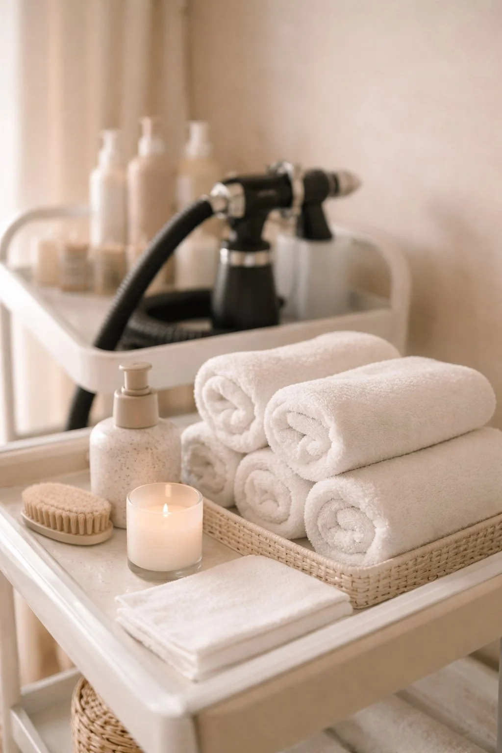 Luxury private spray tan studio in Scottsdale AZ featuring professional tanning equipment and calming spa environment at Bronzed Angels.