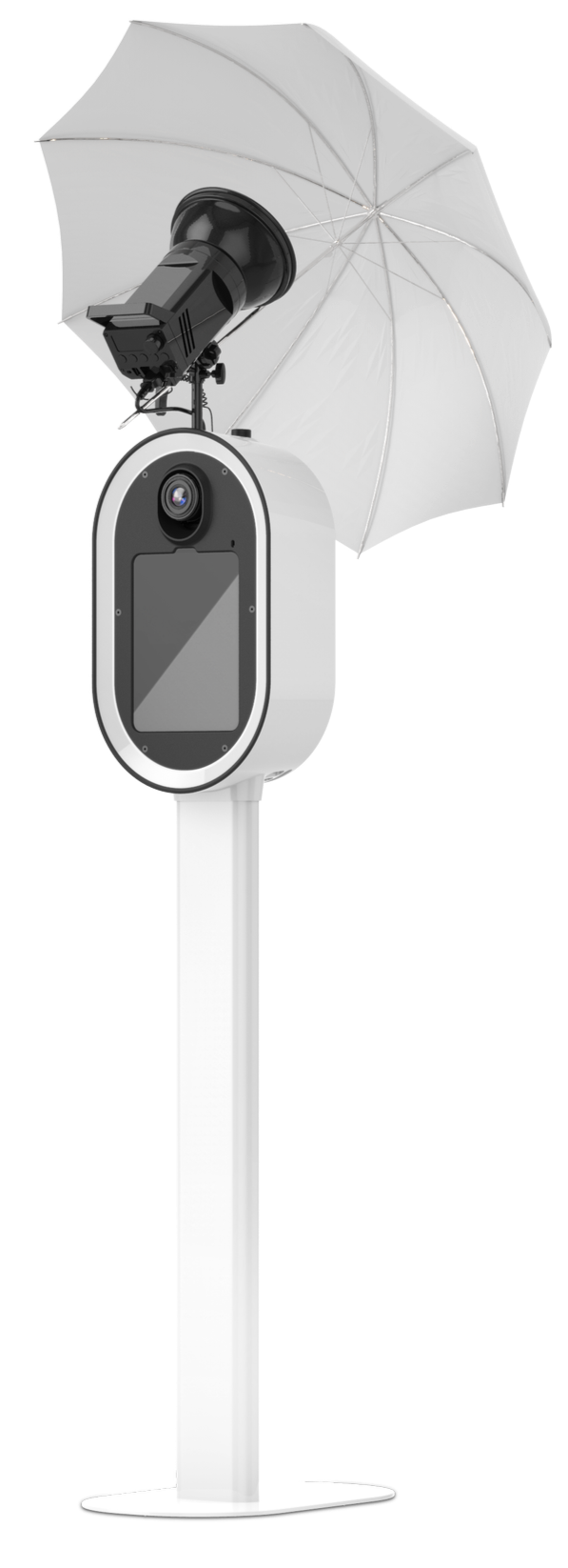 A modern photo booth with a pole mounted on top with a white light modifier attached above it for the perfect lighting.