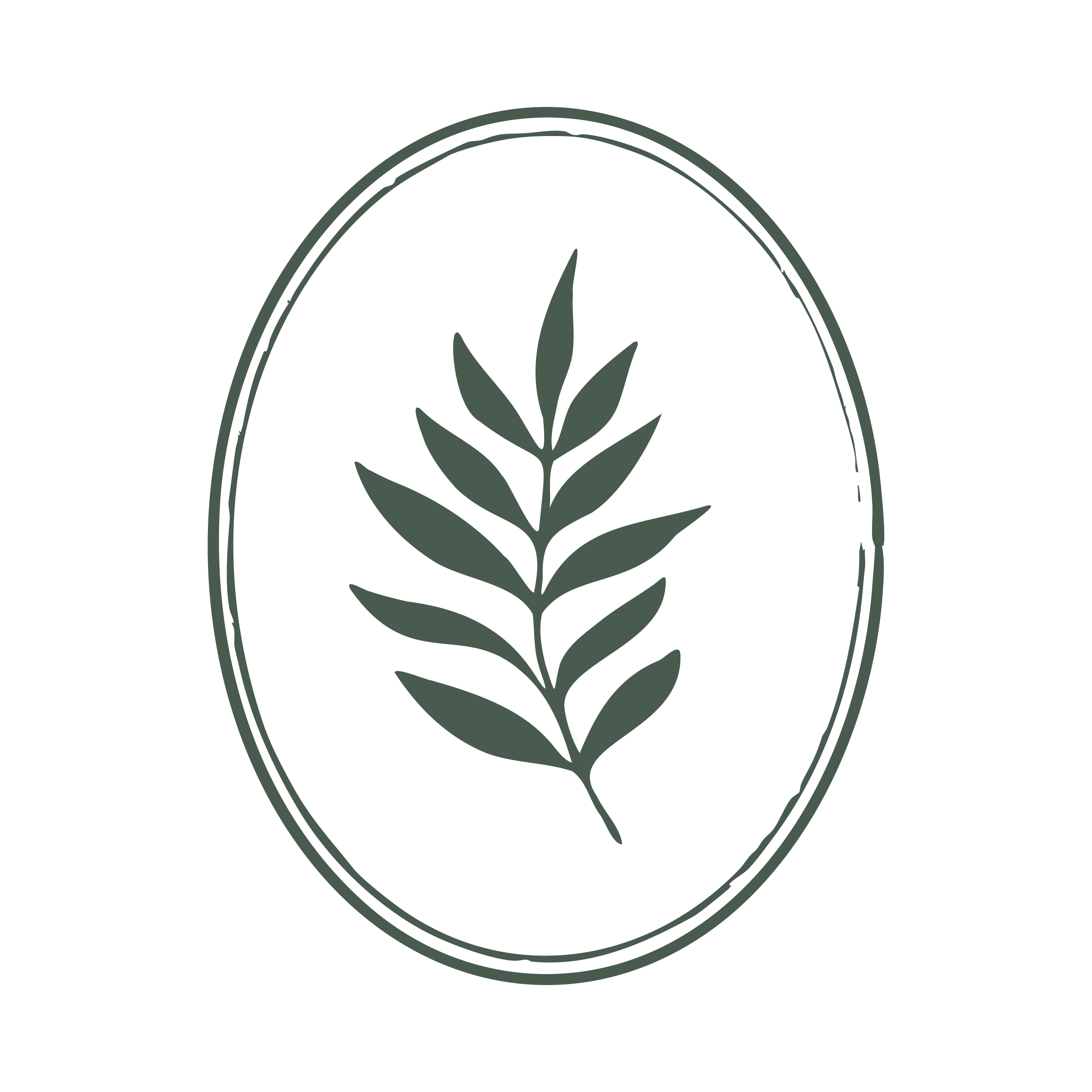 A minimalist logo of a green plant with multiple leaves inside an oval-shaped frame, set against a black background.