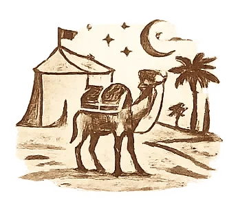 A sketch of a desert scene with a camel carrying a load, a tent, palm trees, stars, and a crescent moon in the night sky.