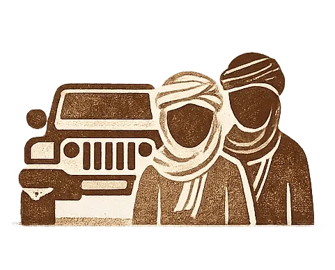 Silhouette illustration of two people wearing headscarves standing in front of a jeep.