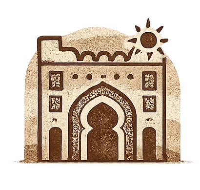 Sandcastle with a sun on top and an arched doorway, surrounded by small windows.