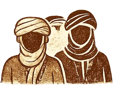 Two figures wearing traditional Middle Eastern head coverings, possibly turbans or keffiyehs, with hoods or scarves covering their heads and faces.