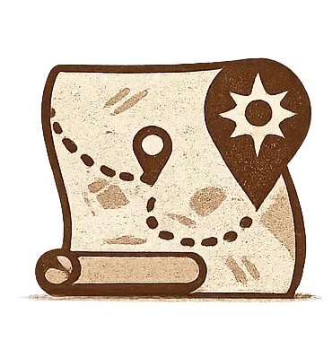 A vintage-style map with a dotted path, a location pin, and a compass rose, all in brown and beige tones.