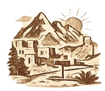 A sepia-toned illustration of a mountain with a village at its base, a rising sun behind the mountain, and palm trees in the foreground.