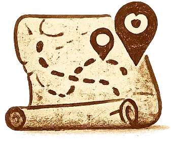 A cartoon-style treasure map with two location pins and a dotted path.