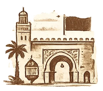 Sketch of a city gate with a tower, palm tree, and lantern.