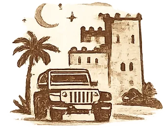 A vintage-style drawing of a Jeep parked near a castle with a palm tree and moon in the sky.