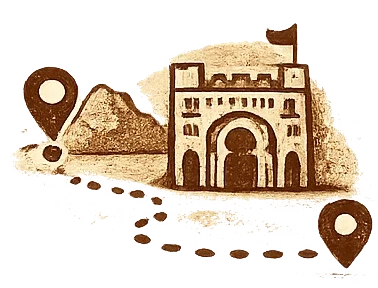 Illustration of the Gateway of India with a mountain and a pathway indicated by footprints, two location markers, and a flag on top of the gateway.