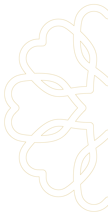 Outline of a gold, floral-shaped pattern with interconnected loops and leaf-like elements on a light background.