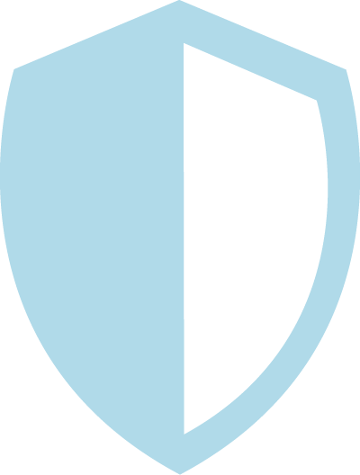 A stylized shield logo with a light blue outline and interior, split with a vertical line dividing it into two halves.