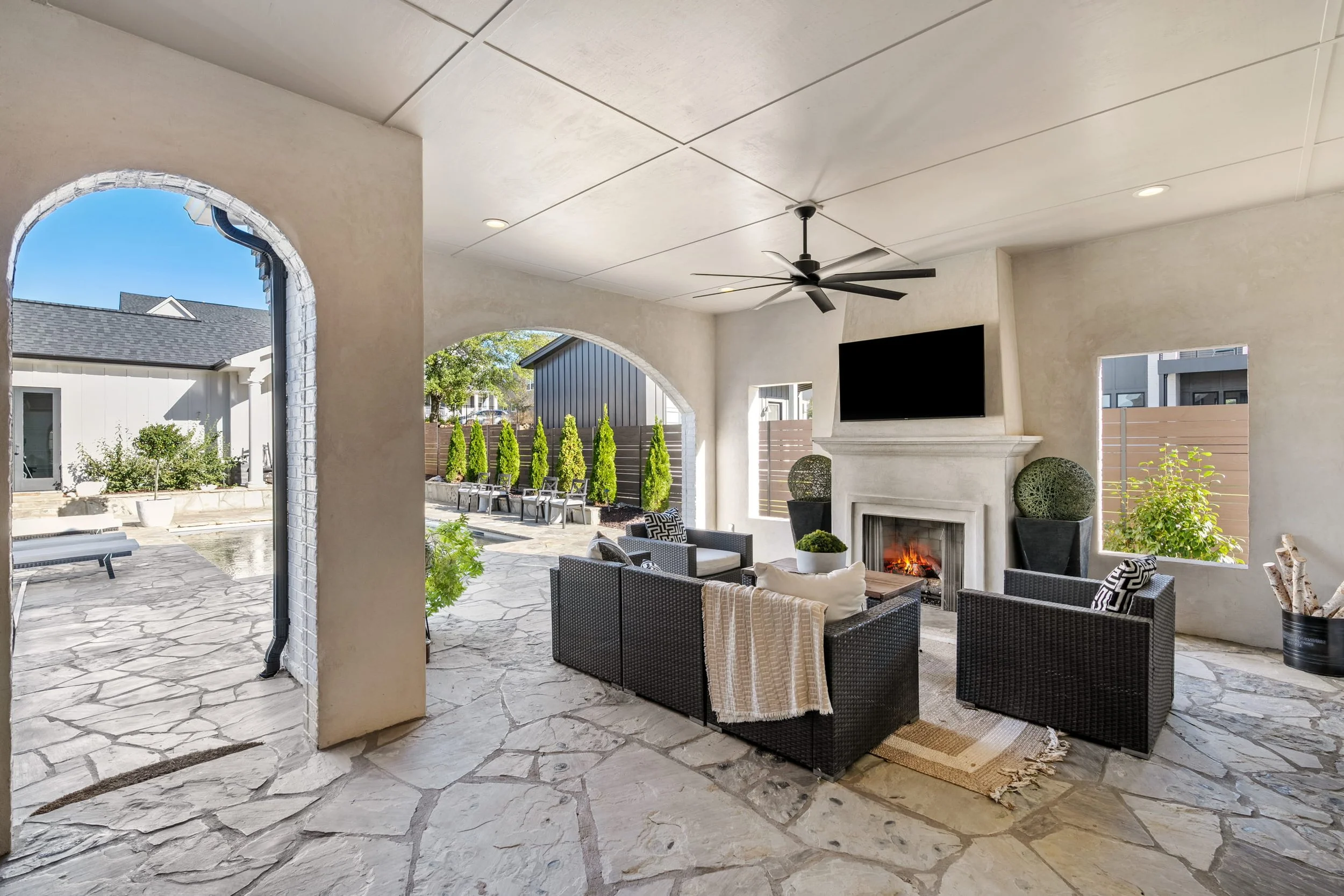Outdoor living with stone flooring