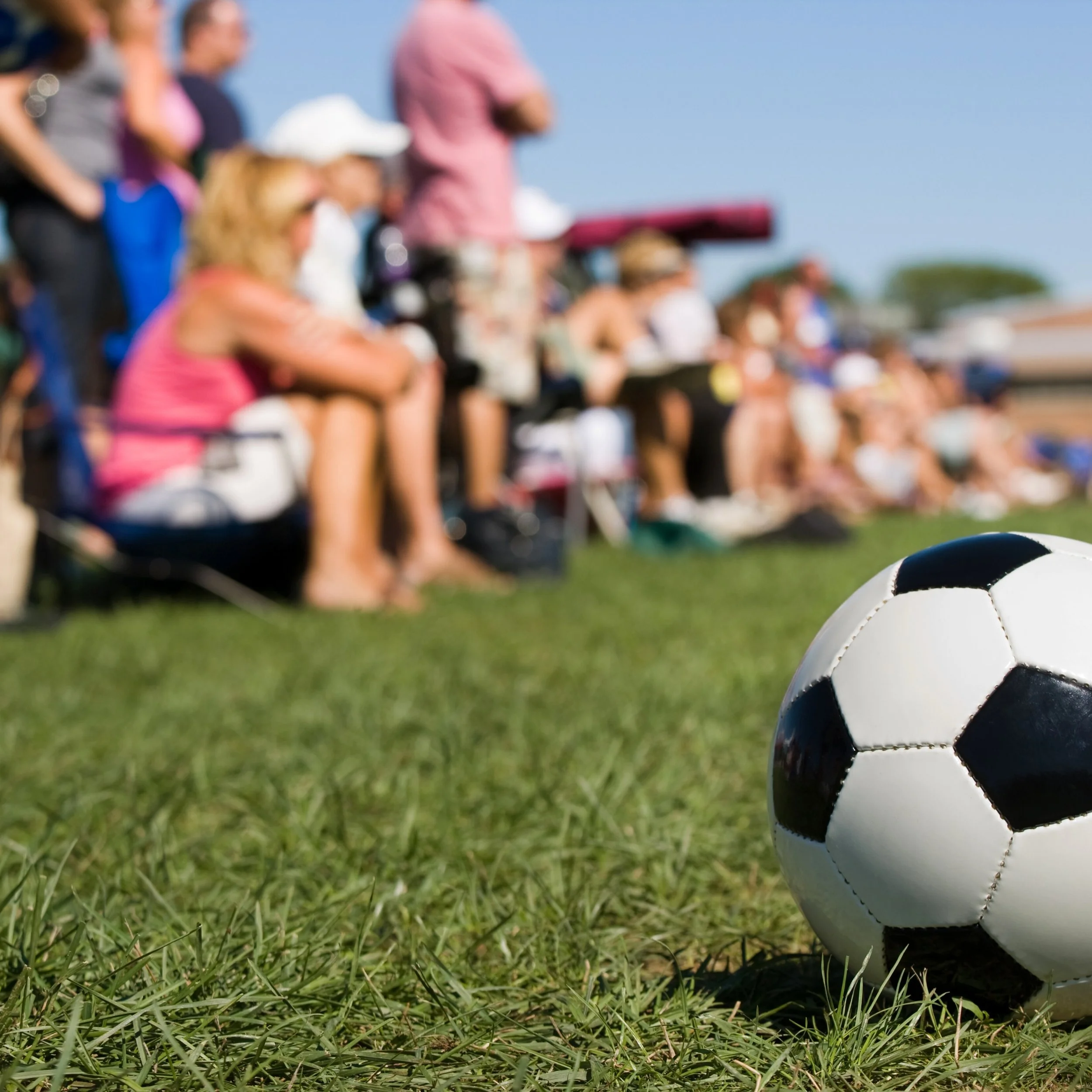 Soccer ball on grass field with blurred spectators sitting and standing in the background.